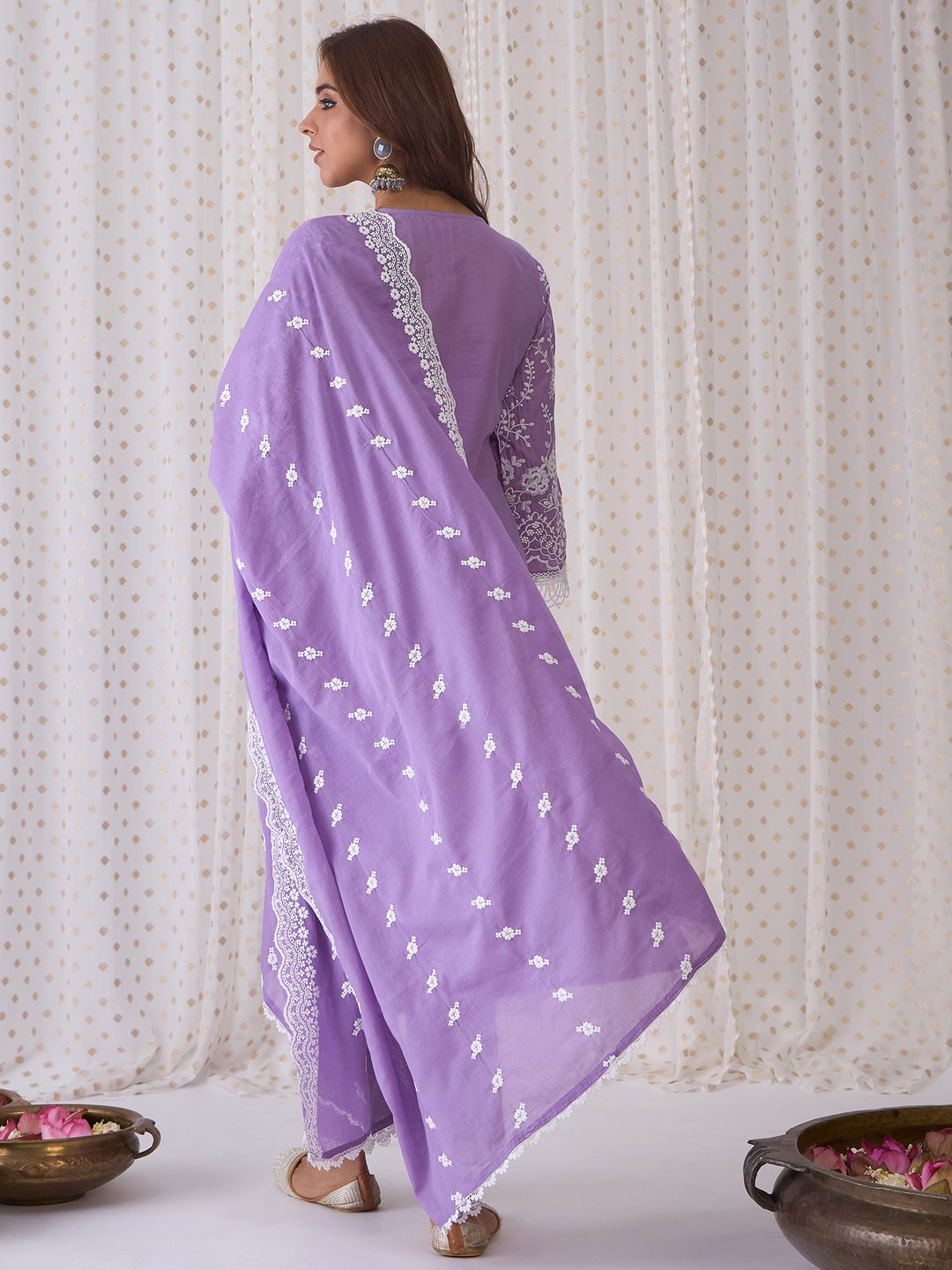 Indo Era Floral Embroidered Round Neck Pure Cotton Straight Kurta with Trousers & Dupatta