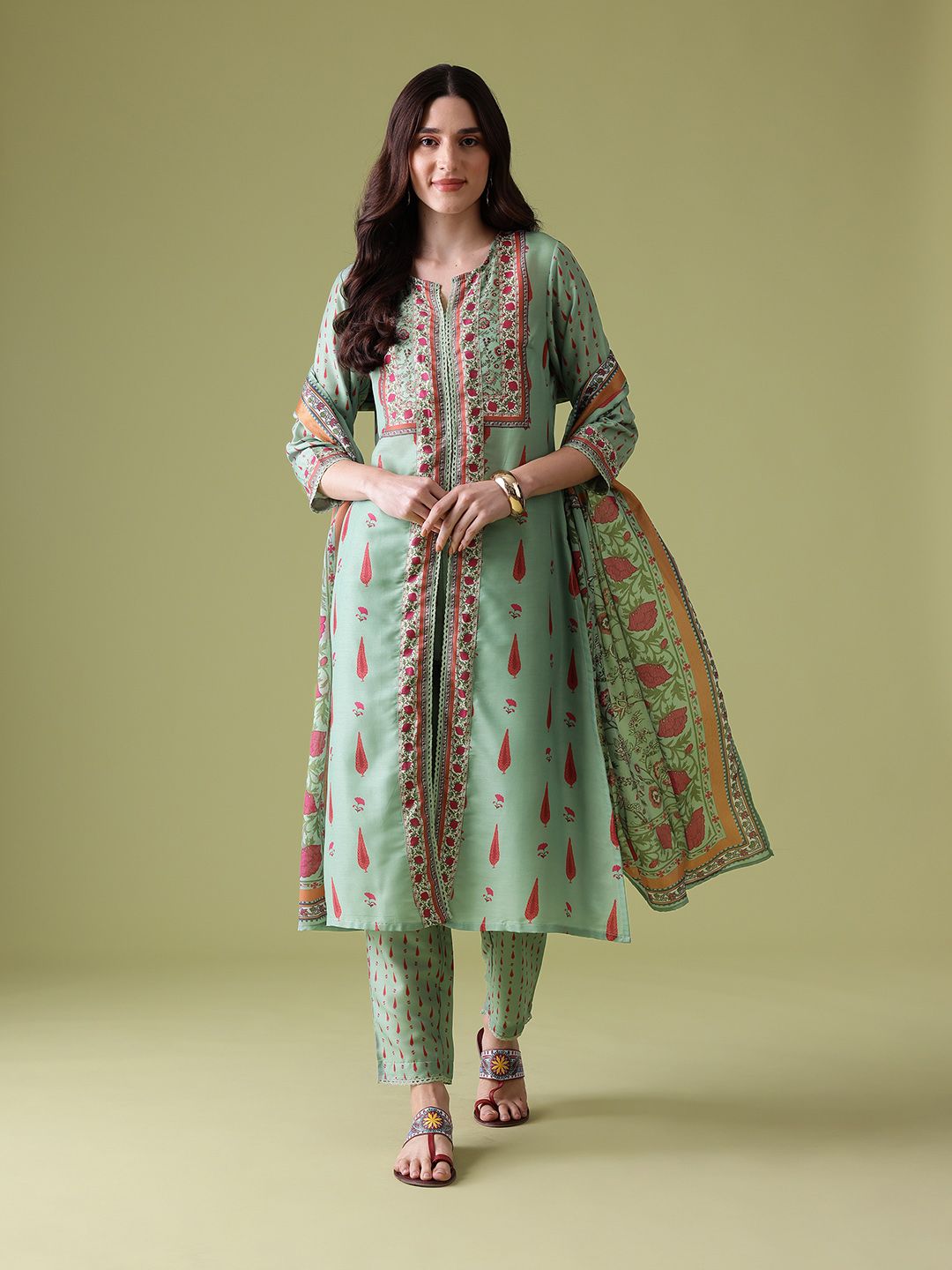 Anouk Floral Printed Pure Cotton Kurta With Trousers & Dupatta
