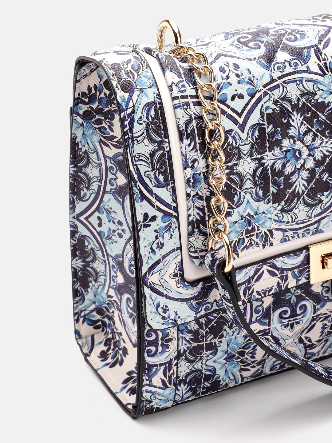 Lino Perros Floral Printed Structured Shoulder Bag with Quilted Detail