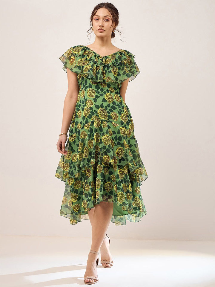 Antheaa Green Floral Print V-Neck Flutter Sleeve Layered Chiffon Fit & Flare Midi Dress