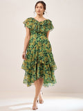 Antheaa Green Floral Print V-Neck Flutter Sleeve Layered Chiffon Fit & Flare Midi Dress