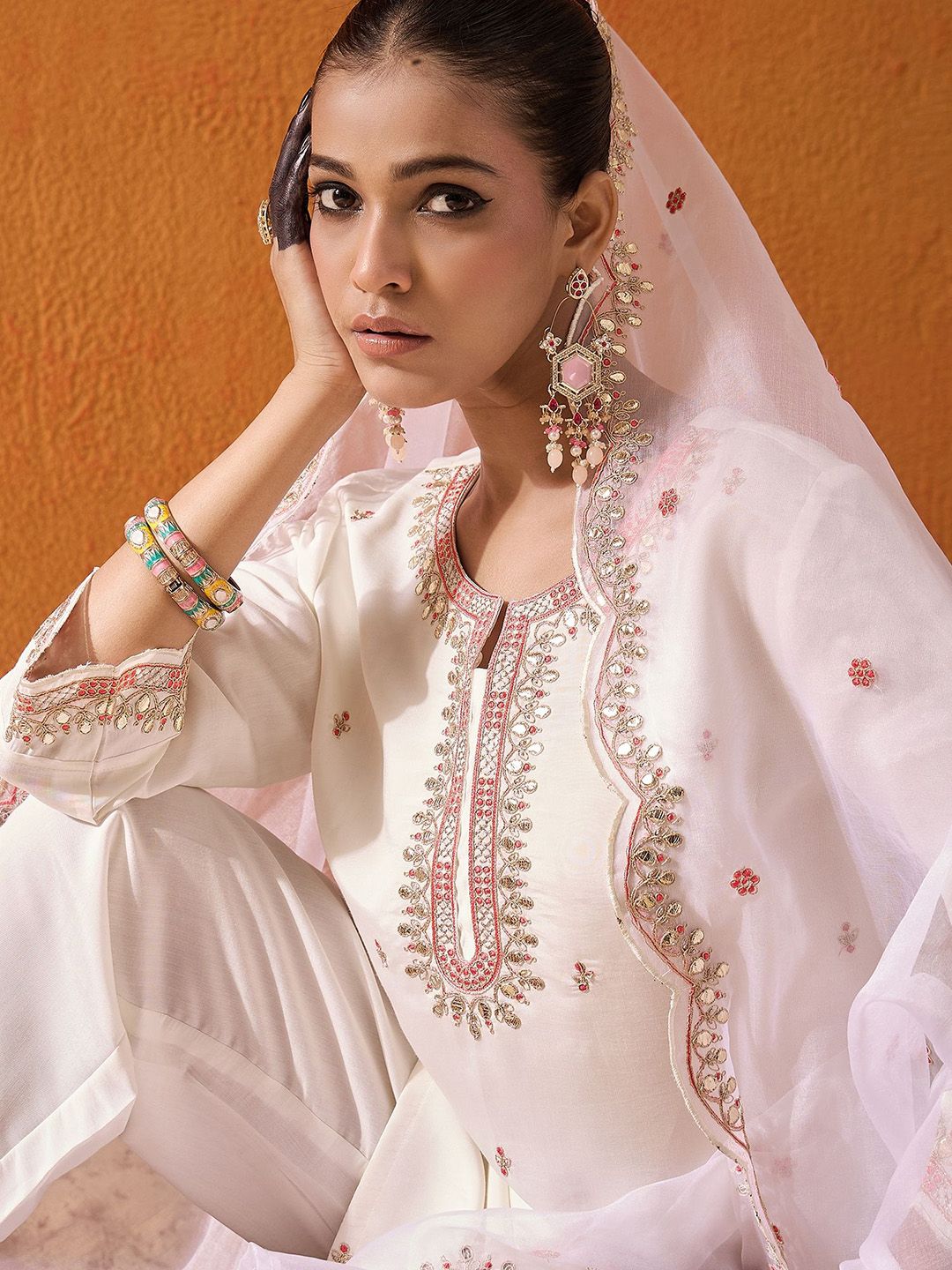 Indo Era White and Pink Ethnic Motifs Embroidered Gotta Patti Kurta with Trouser & Dupatta