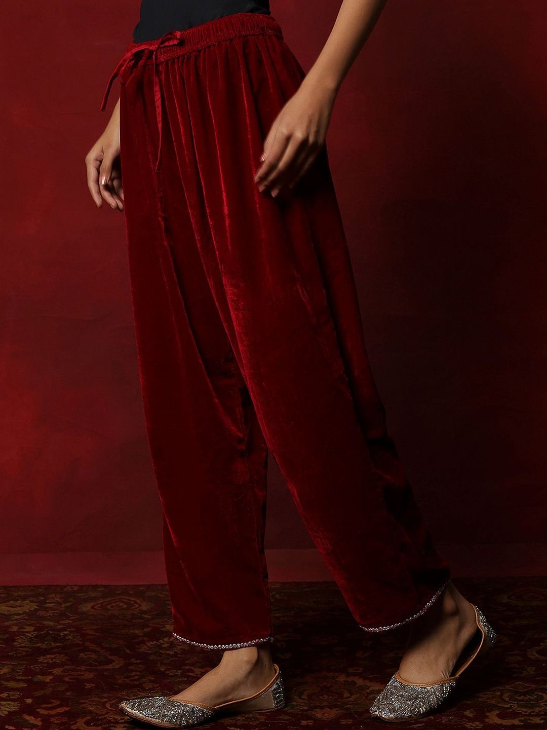House of Chikankari Women Maroon Velvet Tilla Embroidered Kurta Set