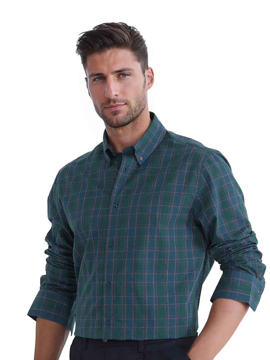 RARE RABBIT Men Comfort Button-Down Collar Checked Cotton Casual Shirt
