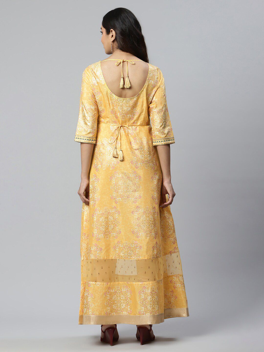 AURELIA Yellow Ethnic Motifs Satin Maxi Dress