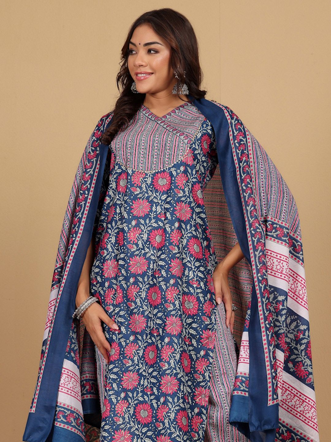 Varanga Floral Printed V-Neck Gotta Patti Kurta With Trousers & Dupatta
