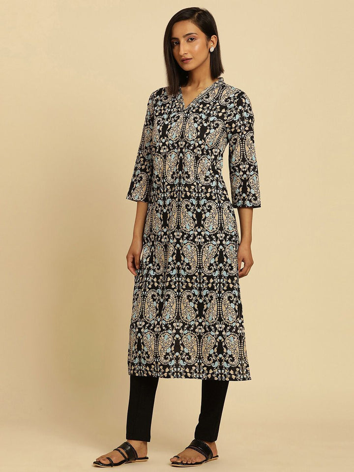 W Paisley Printed V Neck Straight Kurta