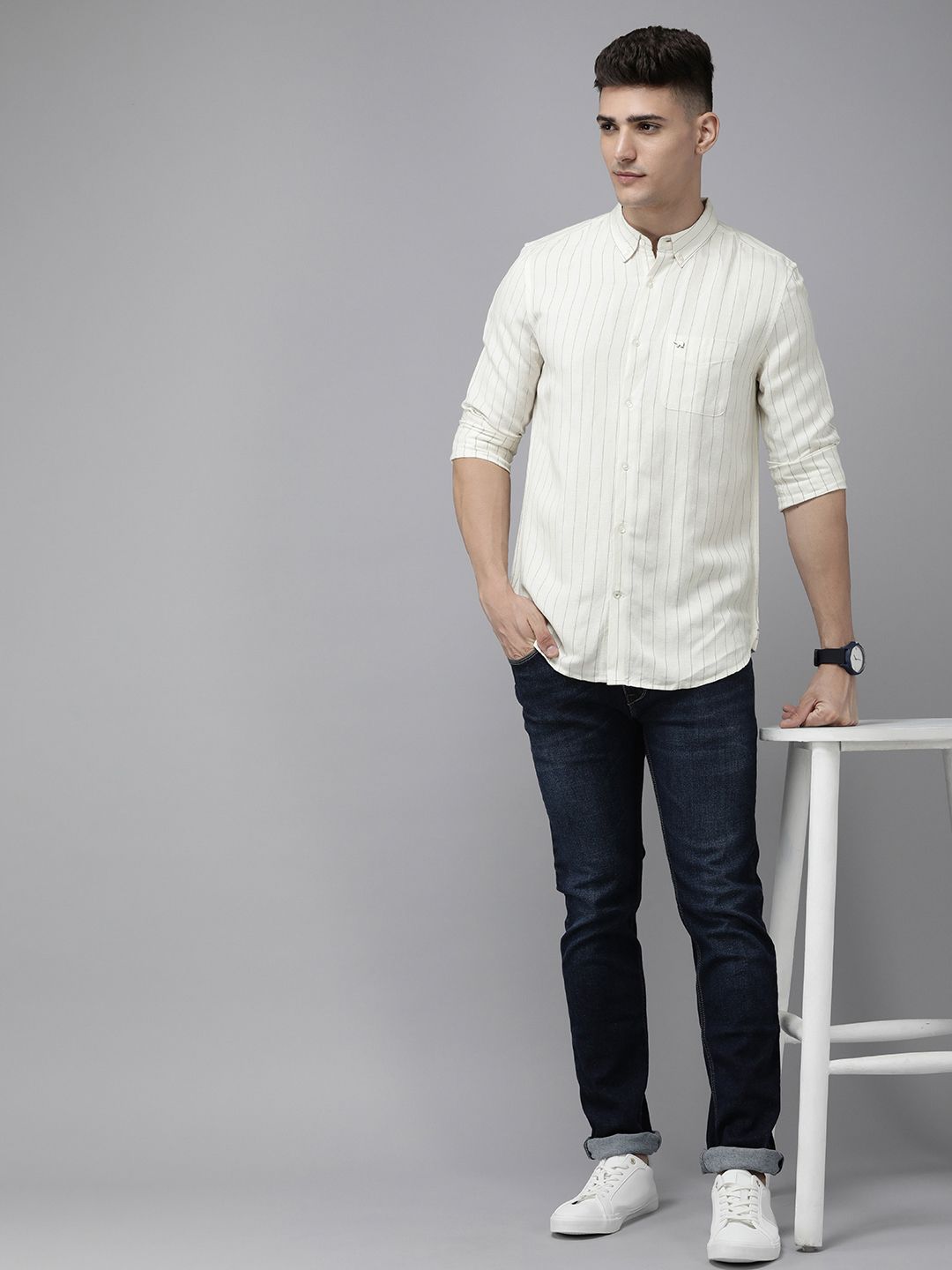 THE BEAR HOUSE Men White Slim Fit Opaque Striped Casual Shirt