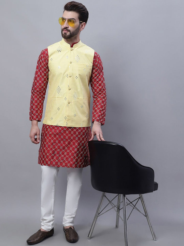 SOJANYA Embroidered Mandarin Collar Kurta with Pyjamas & Nahru Jacket