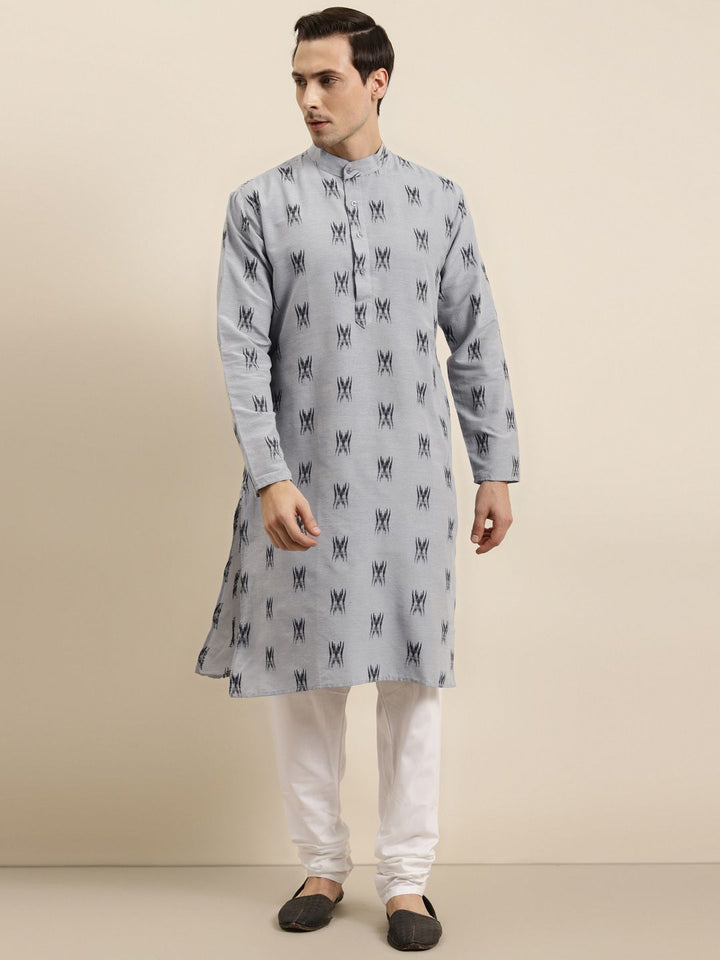 Sojanya Lelaki Grey & Black Ikat Woven Design Pure Cotton Kurta