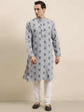 Sojanya Lelaki Grey & Black Ikat Woven Design Pure Cotton Kurta