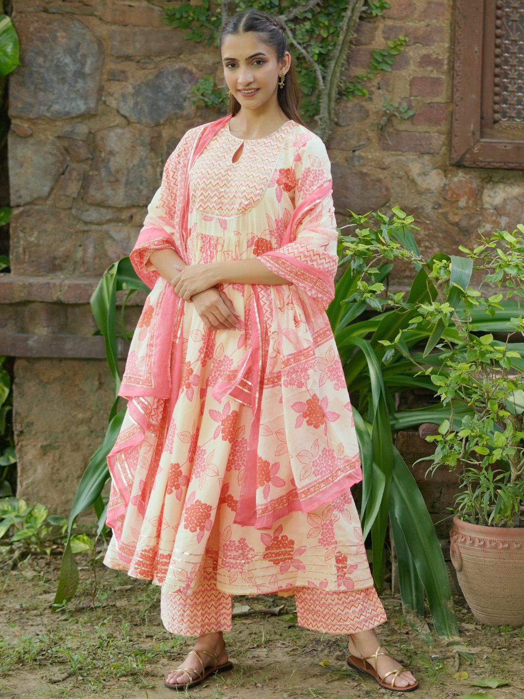 Libas Floral Printed Pleated Gotta Patti Pure Cotton Kurta with Palazzo & Dupatta
