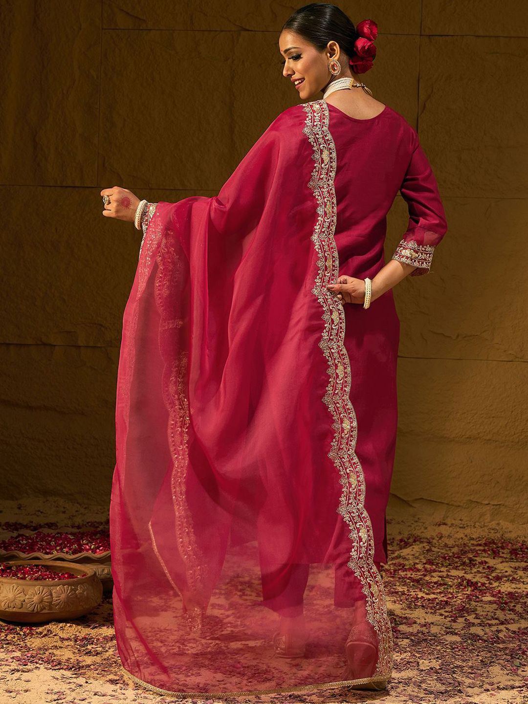 Indo Era Ethnic Motifs Embroidered Thread Work Liva Straight Kurta With Trousers & Dupatta