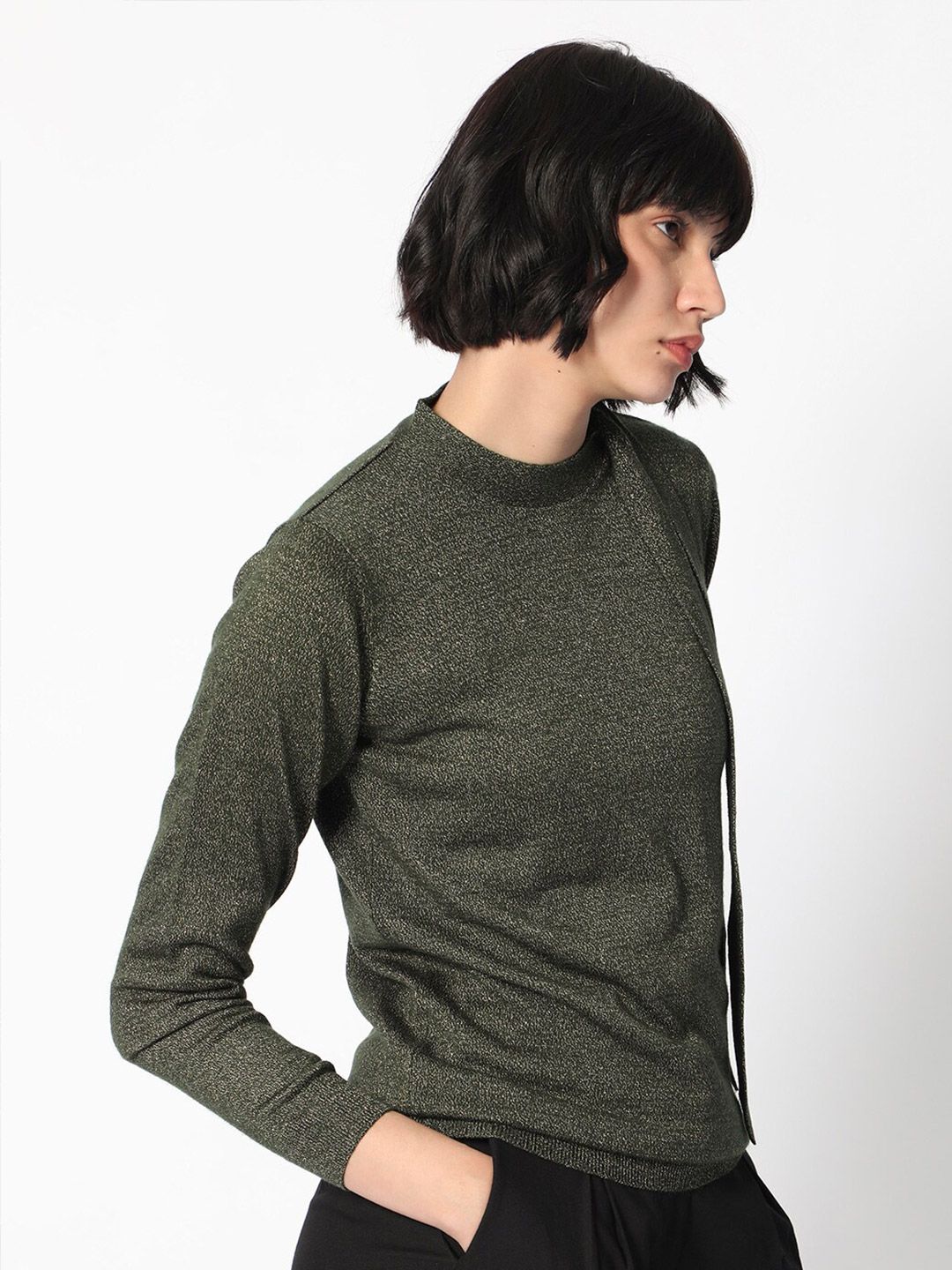 RAREISM Round Neck Acrylic Tie up Shimmer Sweater