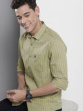 The Indian Garage Co Men Olive Green & White Striped Cotton Casual Shirt