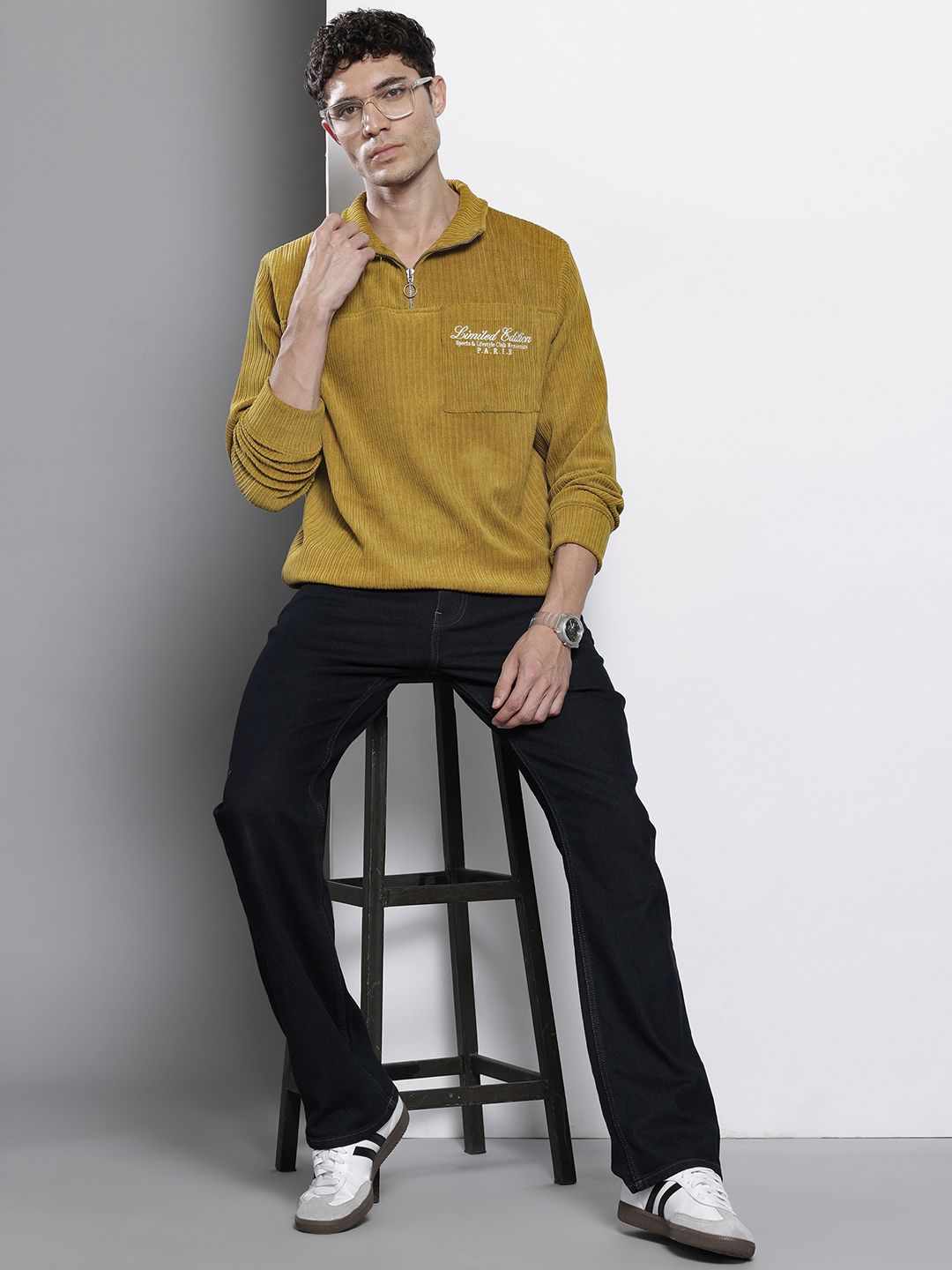 The Indian Garage Co Self Striped Typography Printed Relaxed Fit Corduroy Sweatshirt
