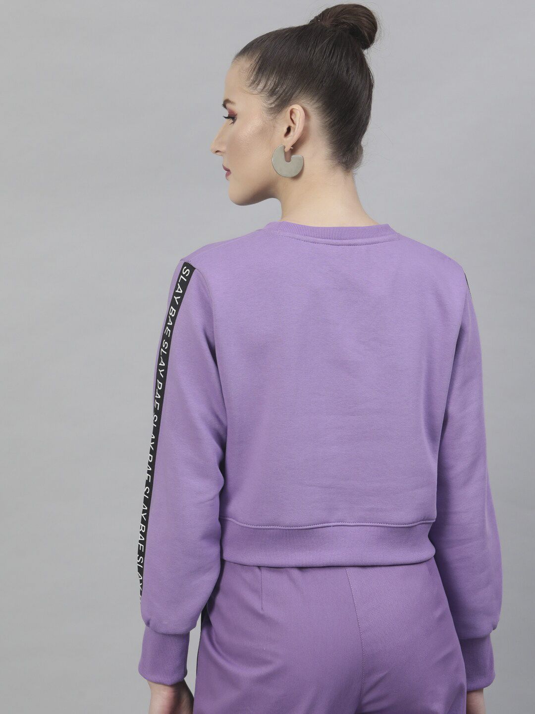 STREET 9 Women Purple Solid Cotton Crop Sweatshirt