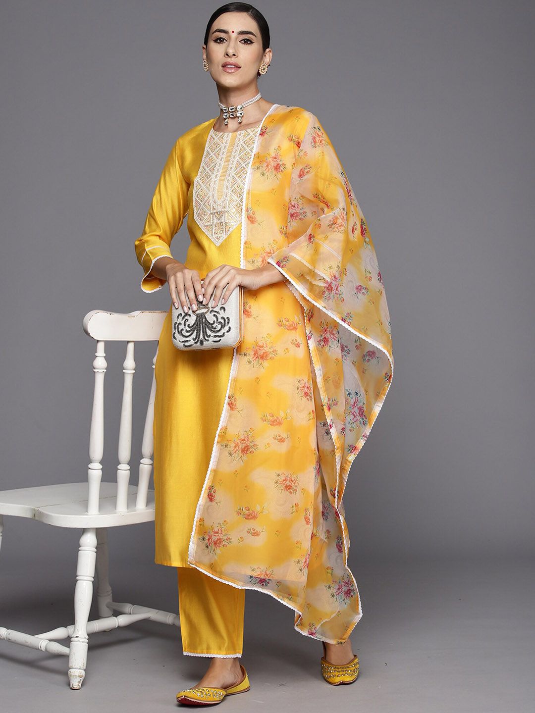 Indo Era Floral Yoke Design Regular Sequinned Liva Kurta with Trousers & Dupatta