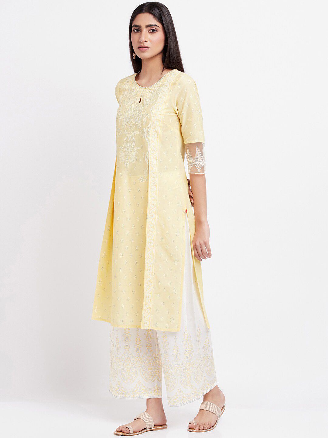 W Ethnic Motifs Printed Regular Sequinned Pure Cotton Kurta with Palazzos