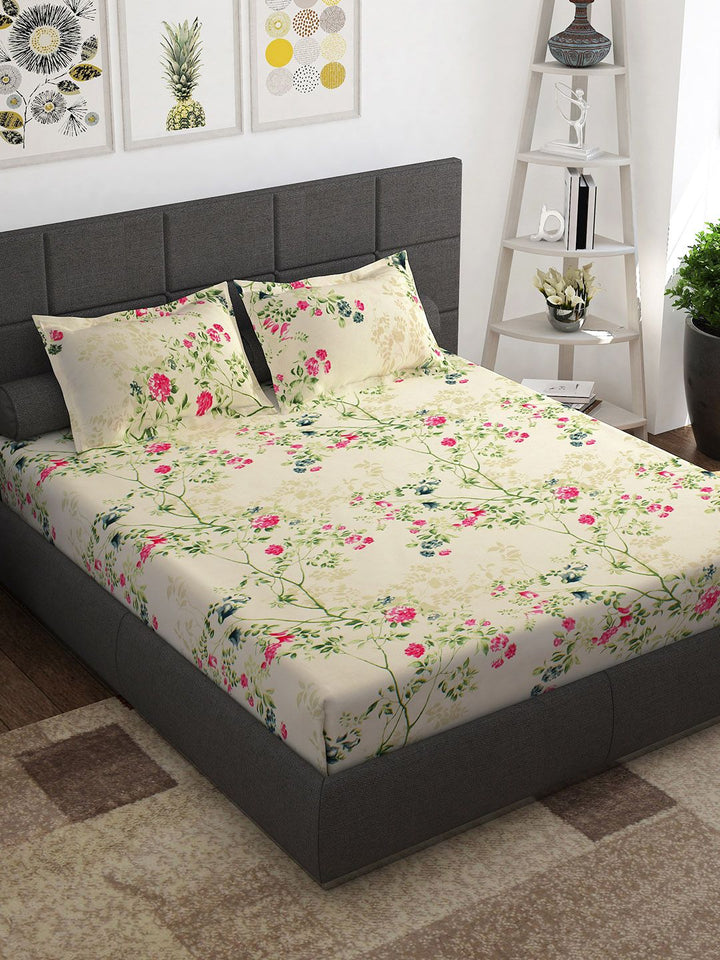 Story@home Ventura Cream Green Floral 144 TC Cotton Queen Bedsheet with 2 Pillow Covers