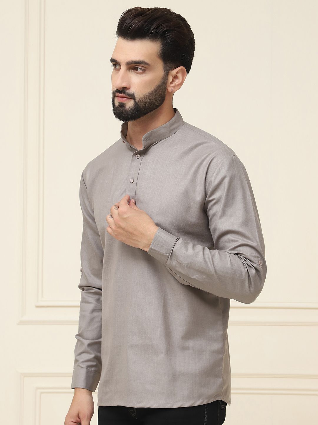 SOJANYA Lelaki Band Collar Roll-Up Lengan Kapas Silk Kurta