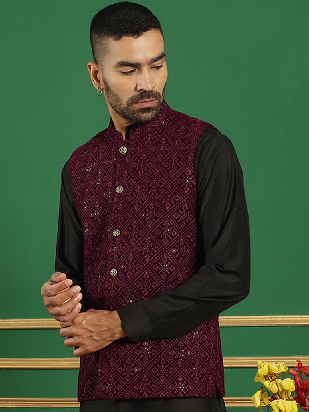 Jompers Embroidered Mandarin Collar Nehru Jackets