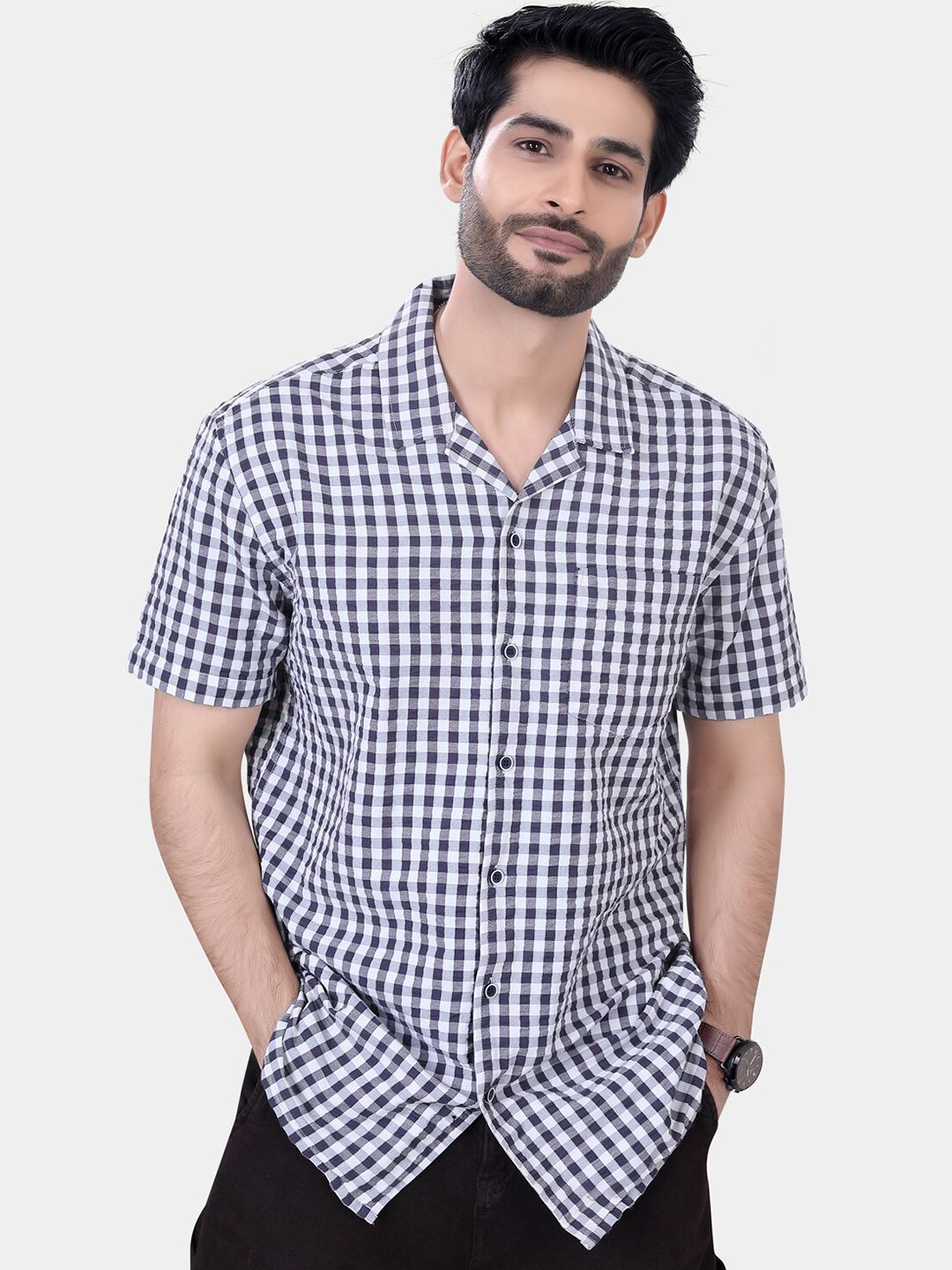 VASTRADO Classic Gingham Checked Lapel Collar Drop-Shoulder Sleeves Oversized Casual Shirt