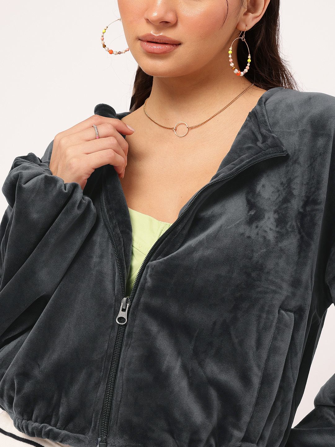 DressBerry Nomadic Nest Velour Finish Dramatic Puff Sleeves Crop Jacket
