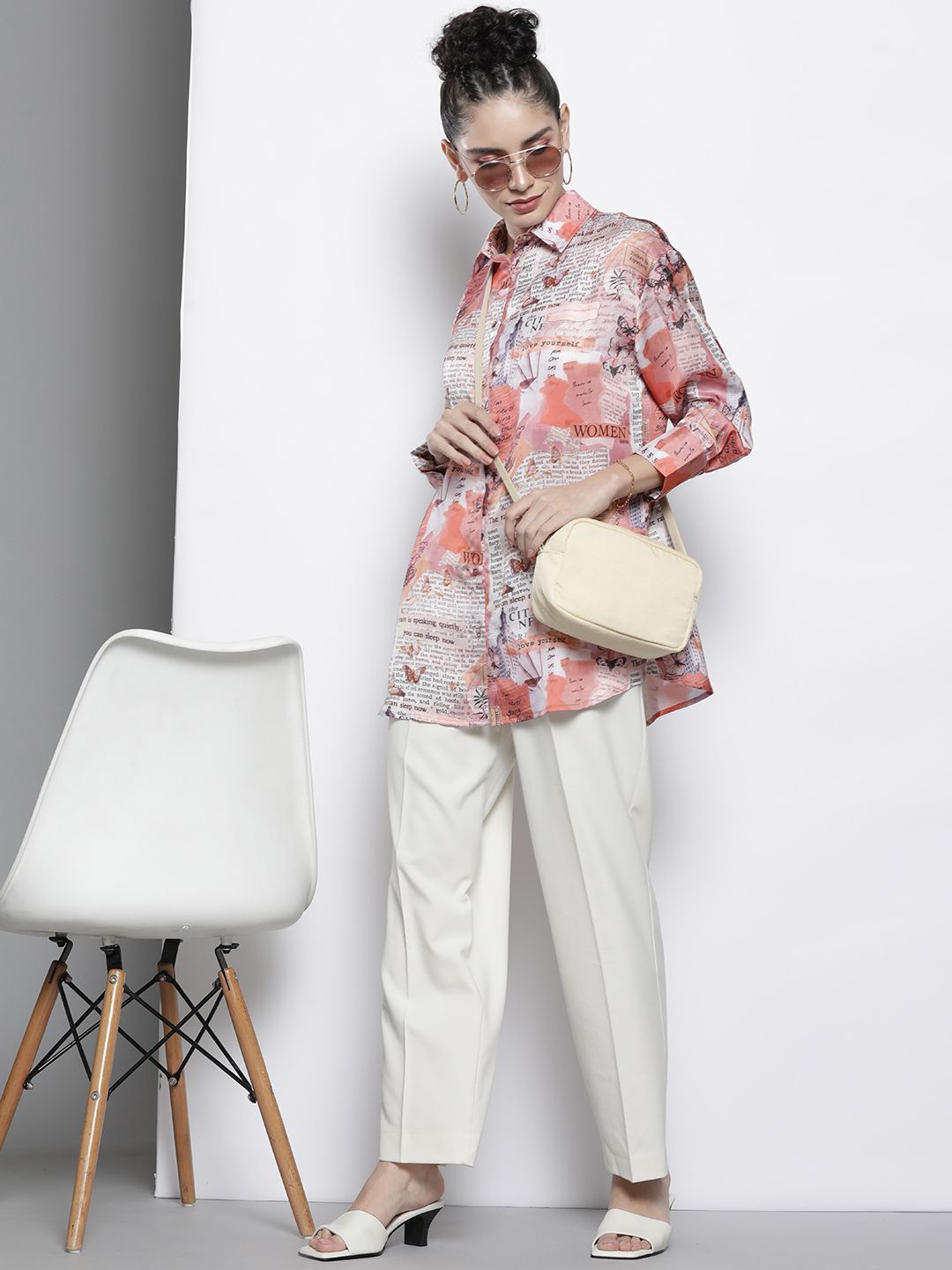 SASSAFRAS Women Beige Comfort Newspaper Printed Casual Shirt