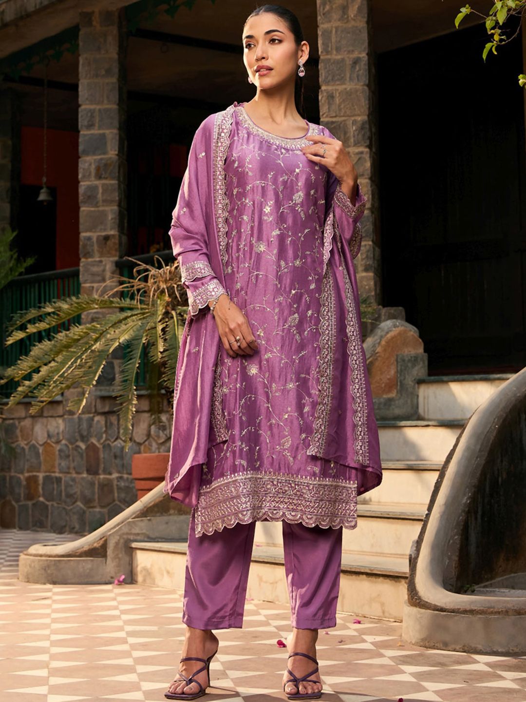 Indo Era Floral Embroidered Regular Thread Work Straight Kurta with Trousers & Dupatta