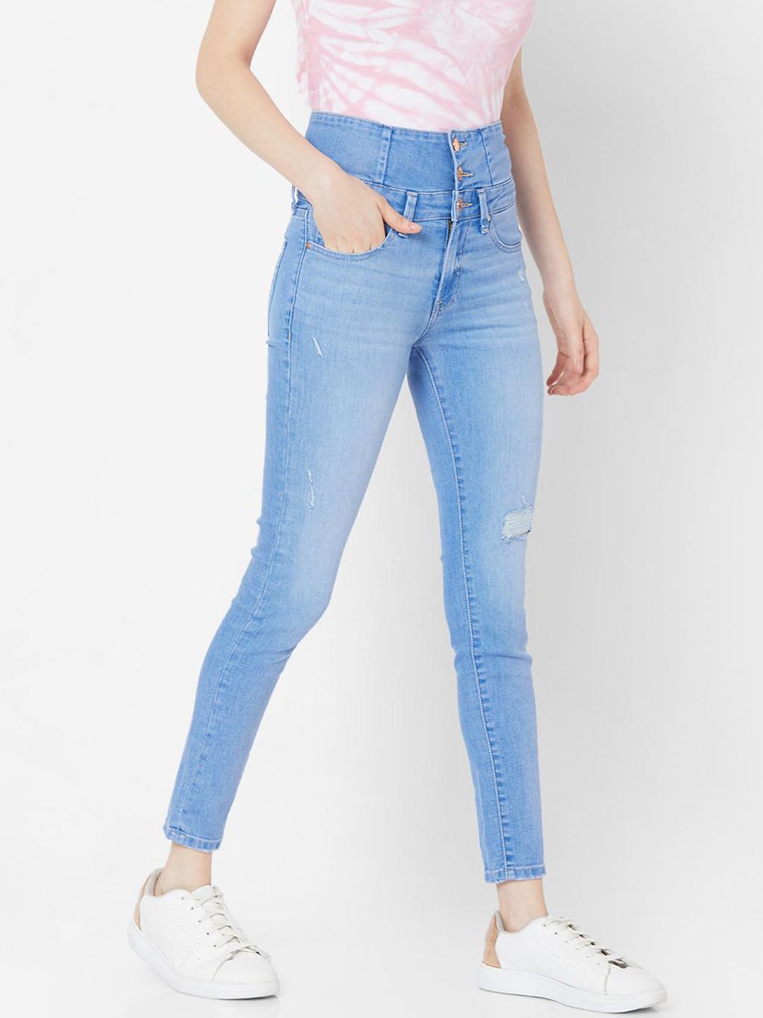 SPYKAR Women Blue Skinny Fit High-Rise Mildly Distressed Light Fade Jeans