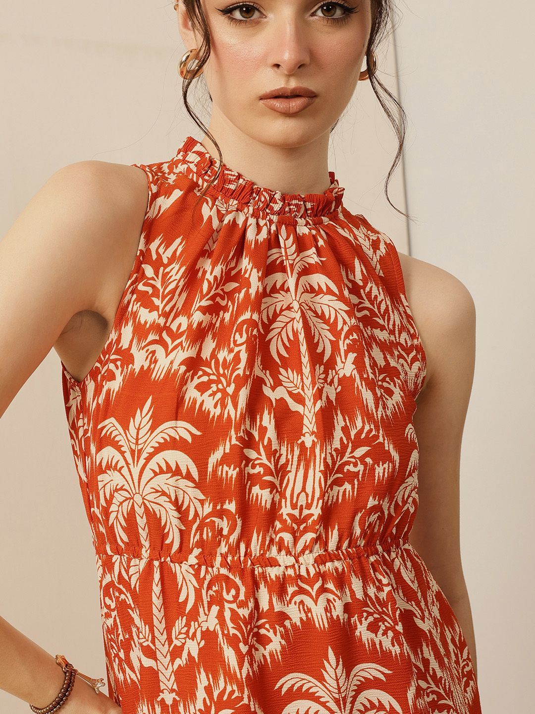 STREET 9 Women Tropical Print Halter Neck Tiered Cotton Fit & Flare Maxi Dress