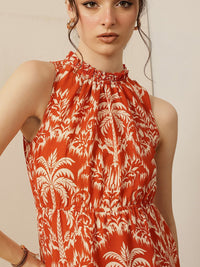 STREET 9 Women Tropical Print Halter Neck Tiered Cotton Fit & Flare Maxi Dress