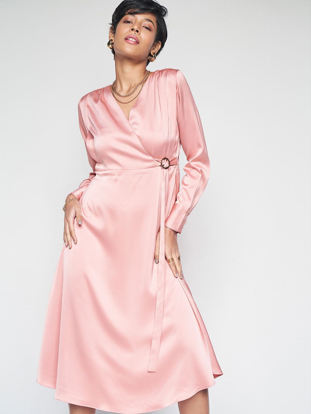 AND V-Neck Long Cuffed Sleeves Midi Dress