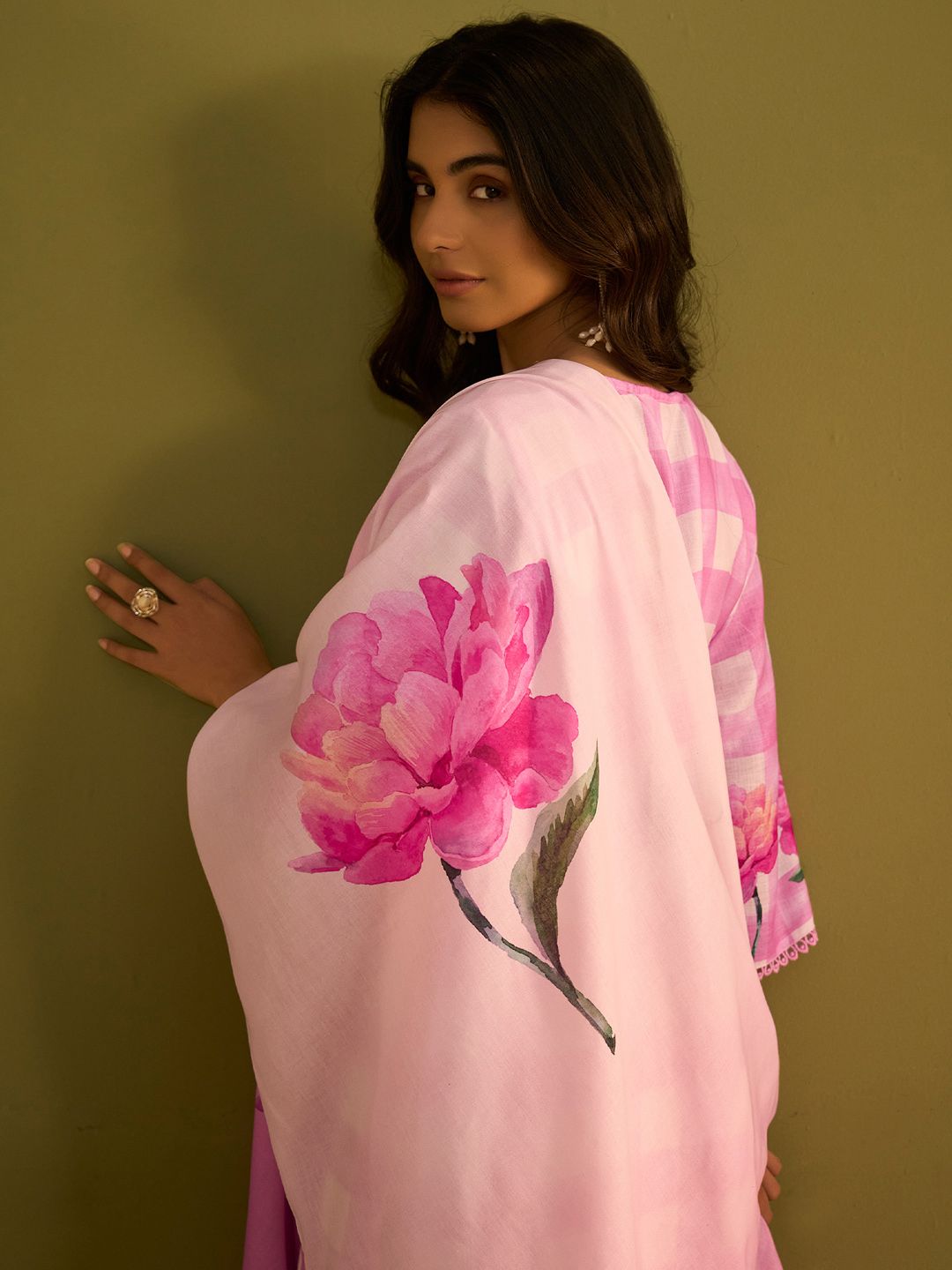 Indo Era Floral Printed Sweetheart Neck Stone Work Linen Kurta With Trouser & Dupattta