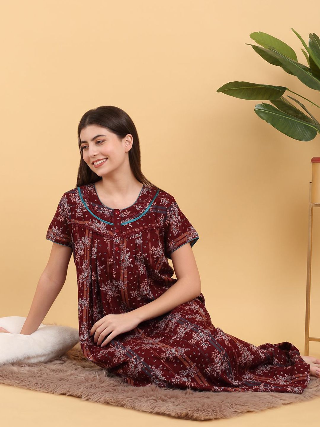 Sweet Dreams Round Neck Printed Pure Cotton Maxi Nightdress