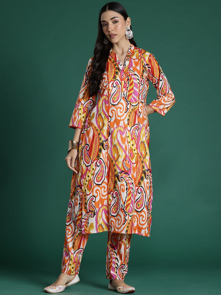 Indo Era Women Paisley Printed Panelled Pure Cotton Kurta with Trousers