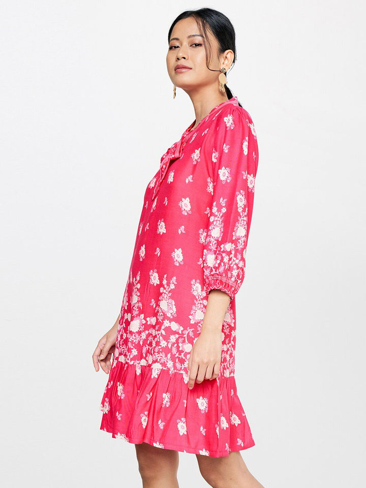 Global Desi Pink Floral Tie-Up Neck Drop-Waist Dress