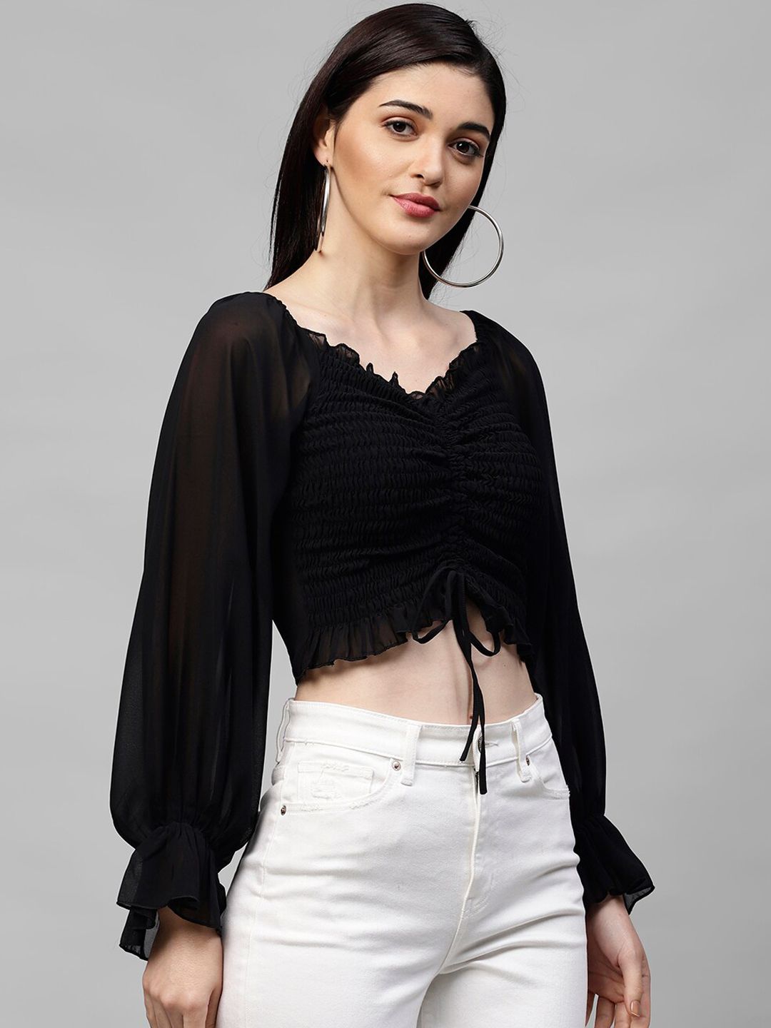 Athena Black Bell Sleeves Georgette Crop Top