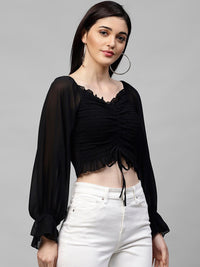 Athena Black Bell Sleeves Georgette Crop Top