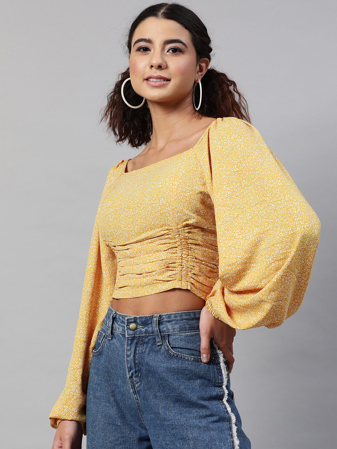 STREET 9 Women Yellow & White Floral Fringed Georgette Regular Crop Top