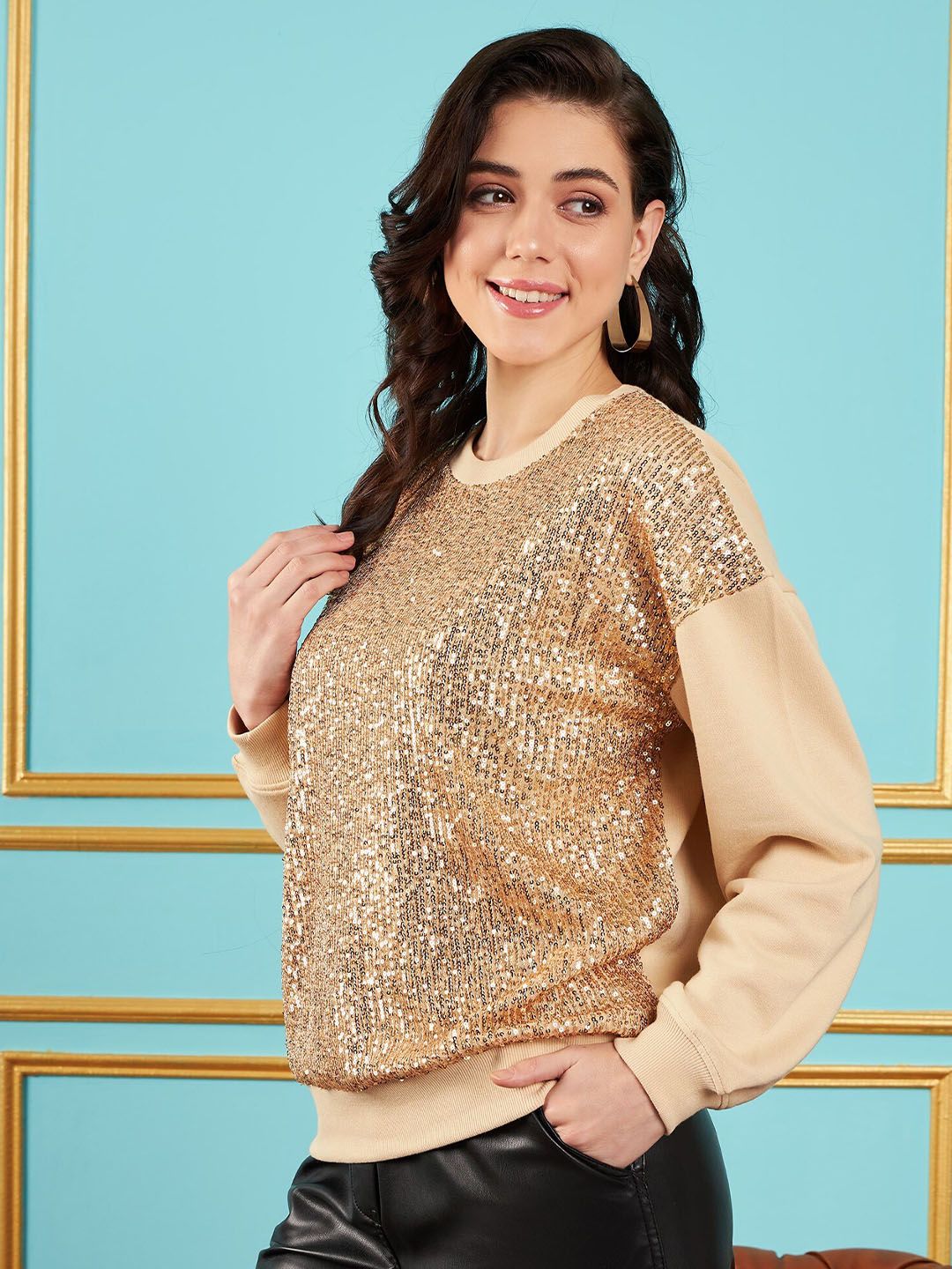 SASSAFRAS Self Design Sequined Oversized Sweatshirt
