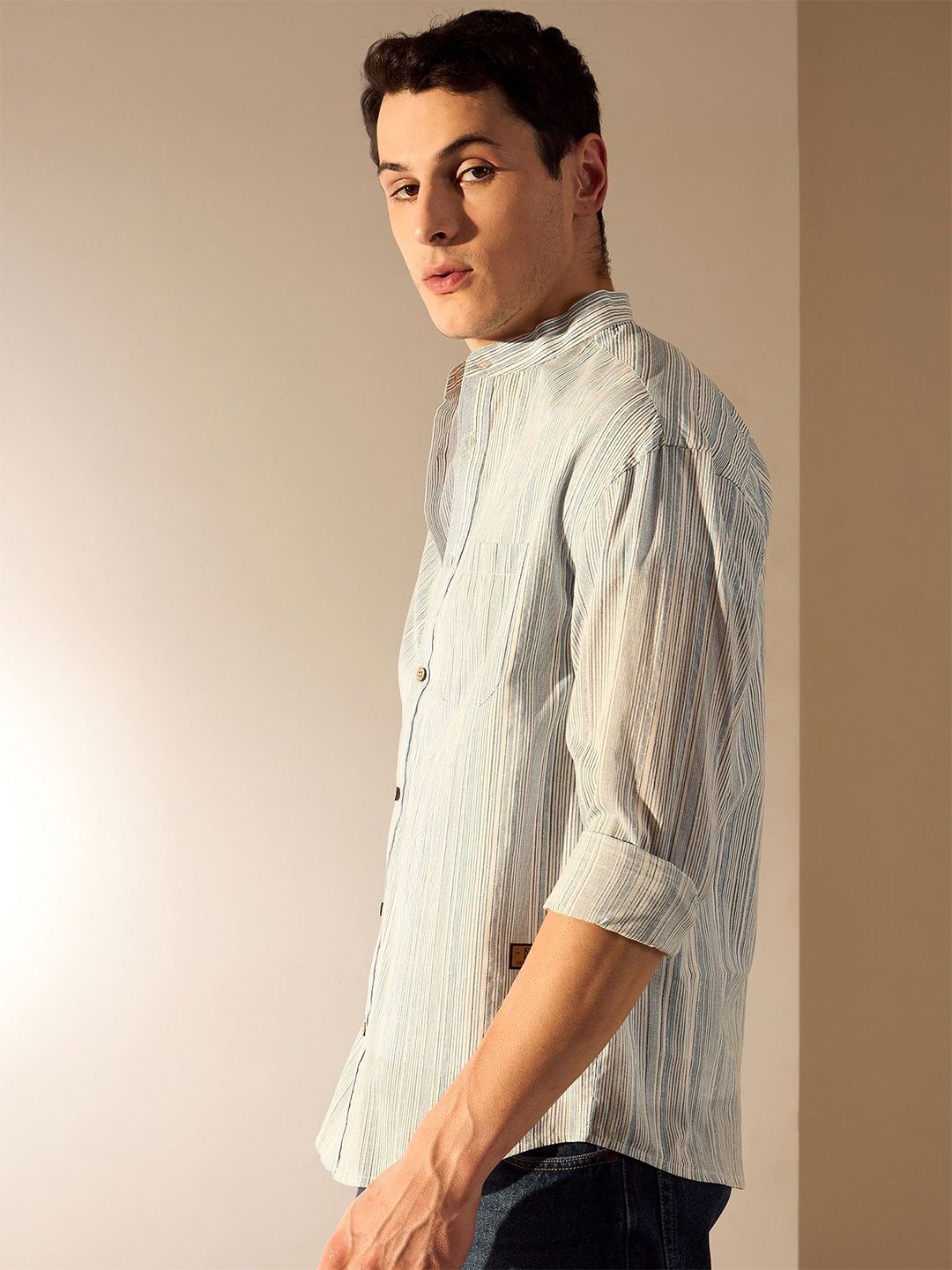 DENNISON Men Aspect Striped Mandarin Collar Oversized Shirt