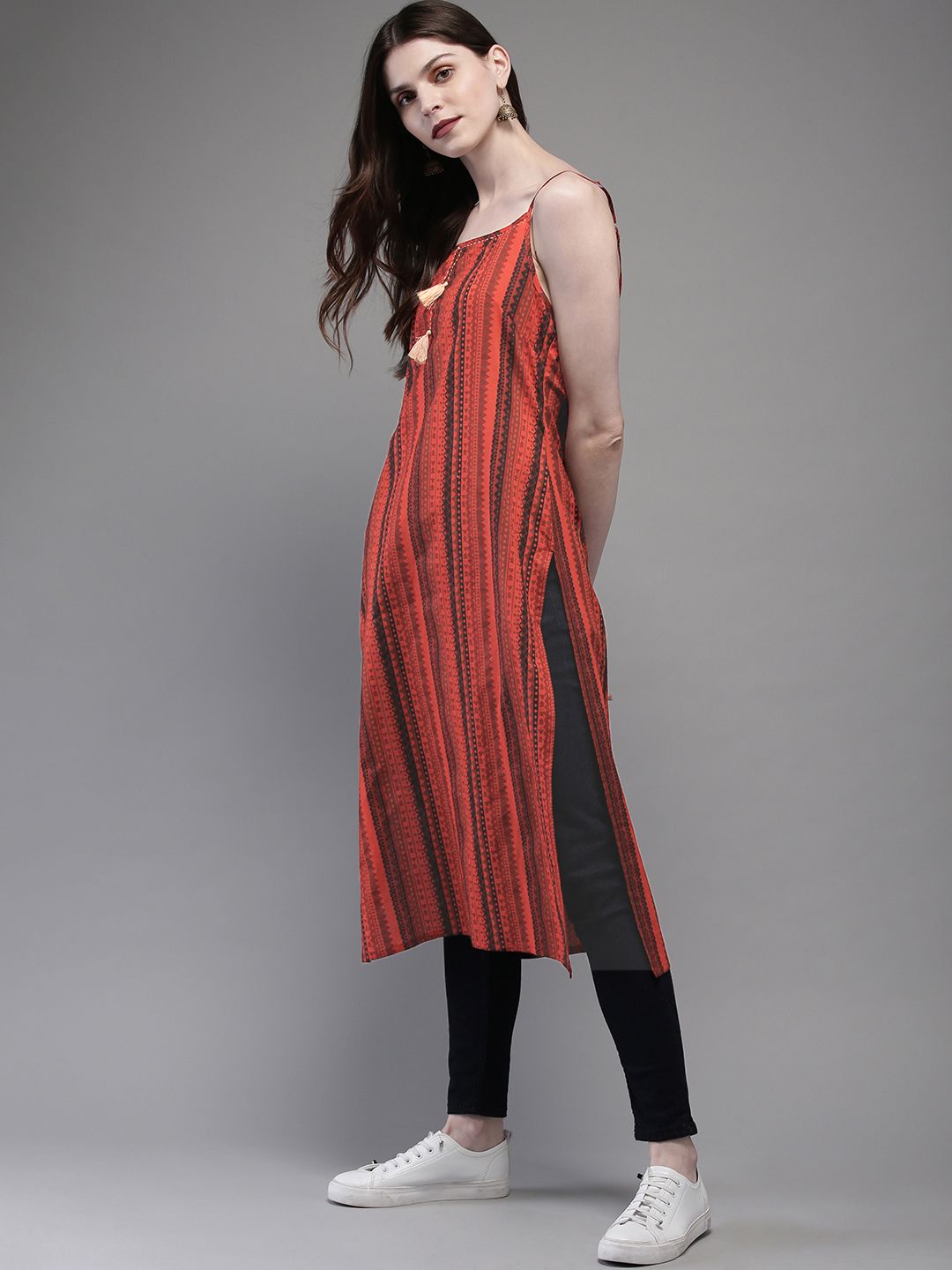 Anouk Women Rust Red & Black Printed Straight Kurta