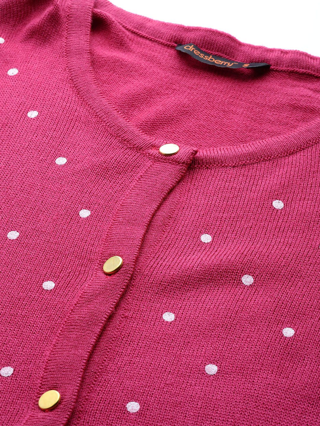 DressBerry Women Pink & White Printed Front-Open Sweater