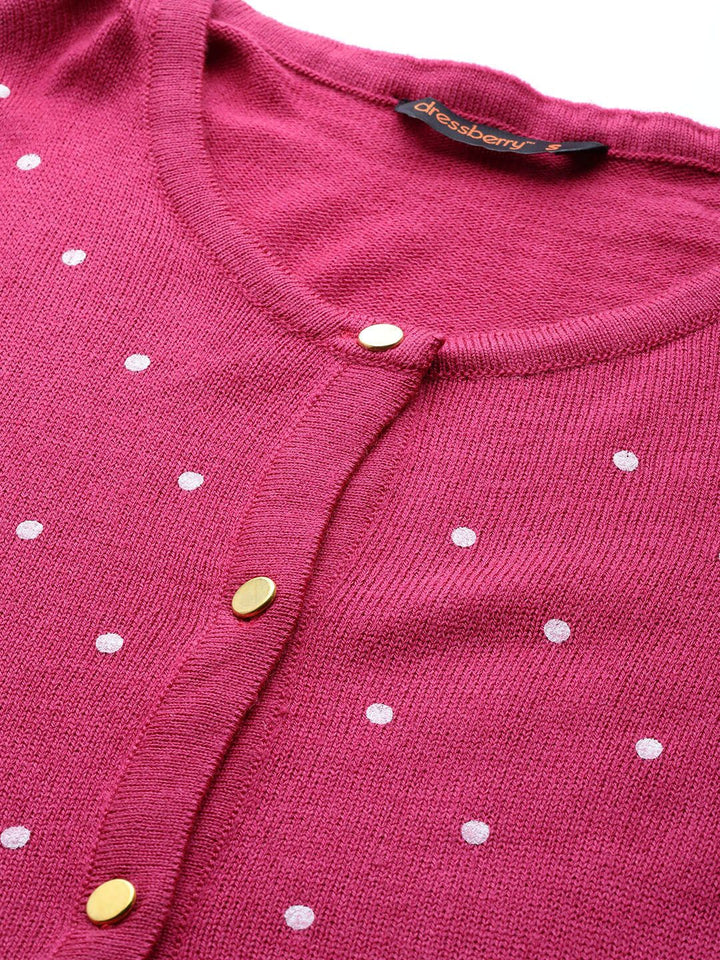 DressBerry Women Pink & White Printed Front-Open Sweater