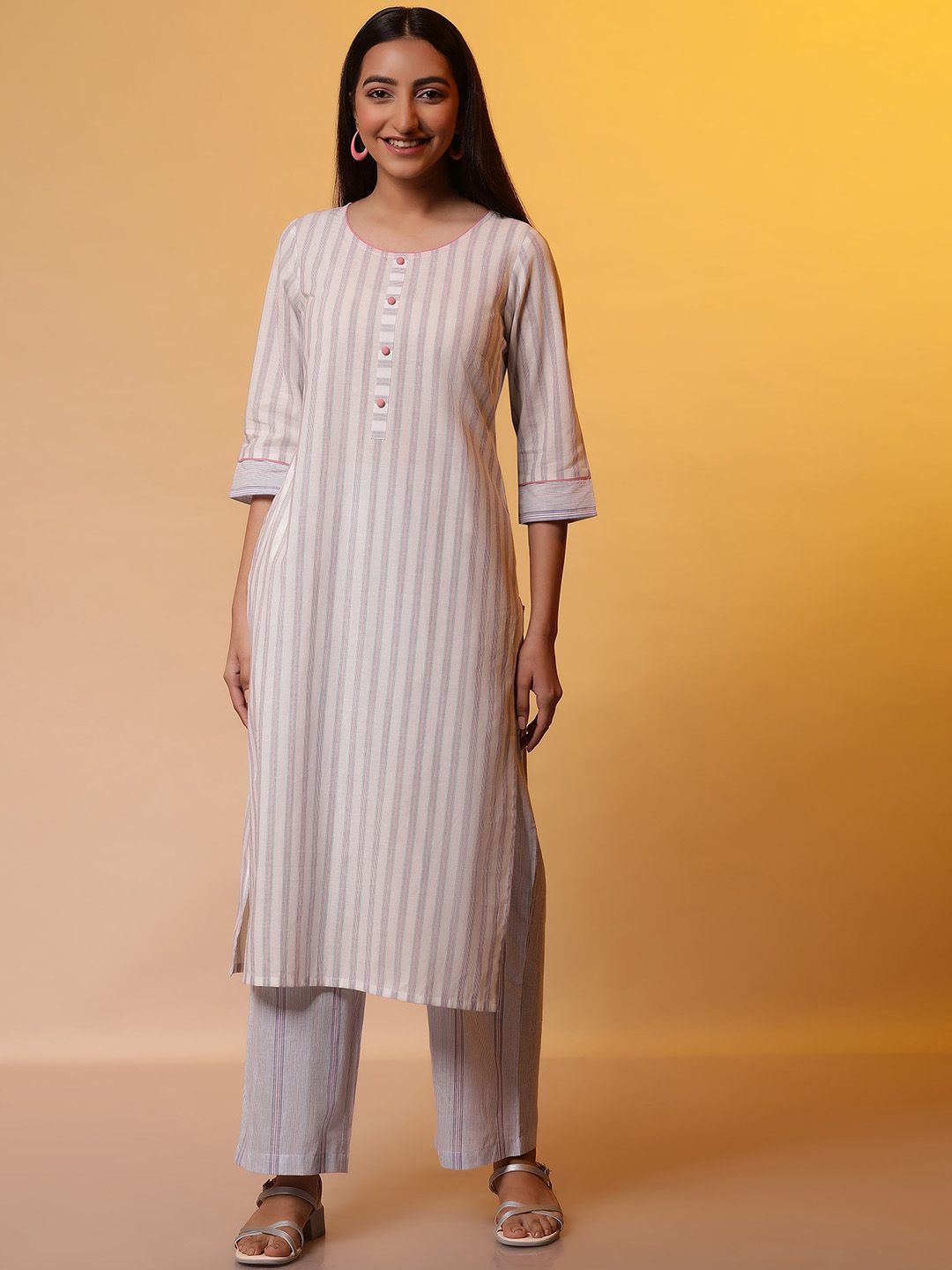 AURELIA Round Neck Striped Regular Pure Cotton Straight Kurta with Palazzos