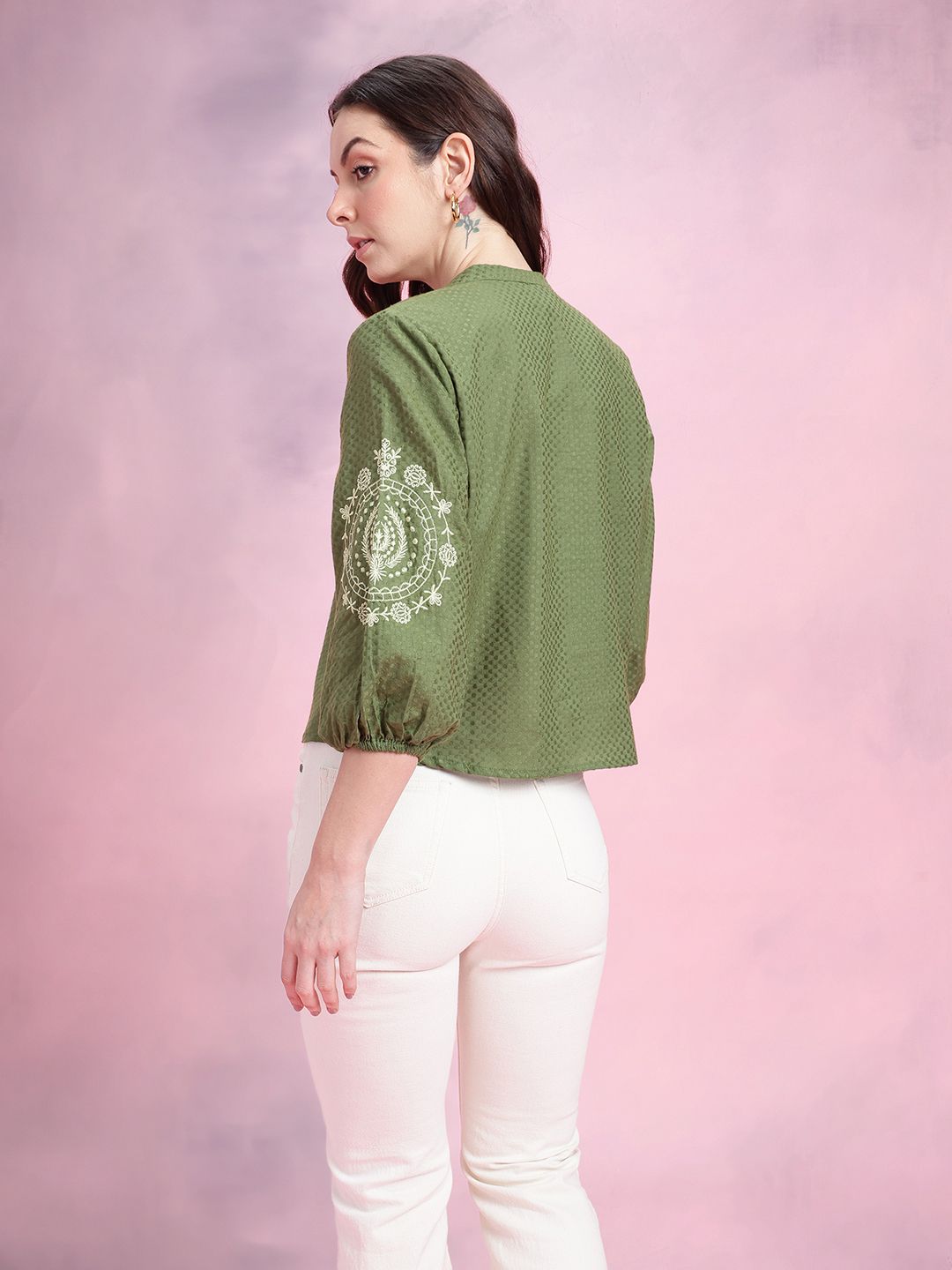 DressBerry Mandarin Collar Puff Sleeve Embroidered Cotton Top