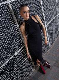 SASSAFRAS Black High Neck Sheath Midi Dress