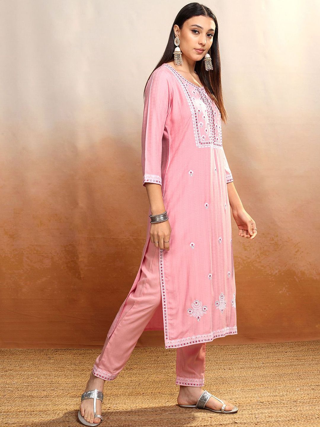 Vishudh Pink Floral Embroidered Straight Kurta with Trousers & Dupatta
